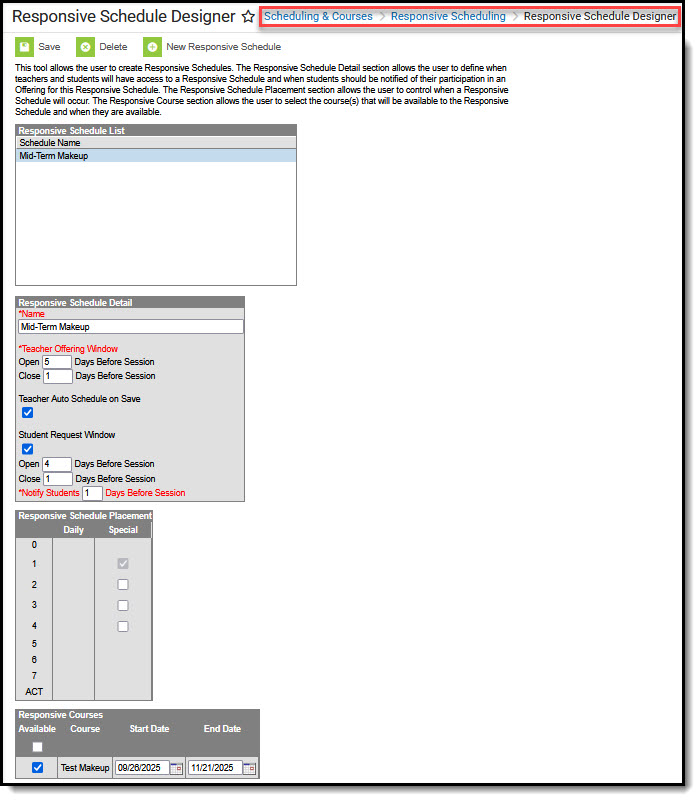 Screenshot of Responsive Schedule Designer tool.