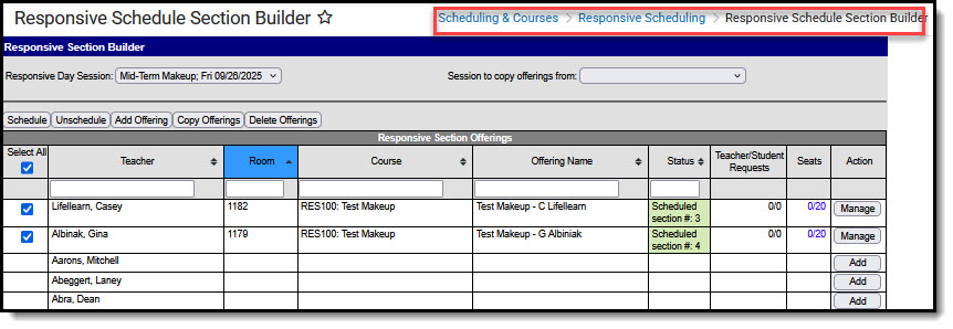 Screenshot of Responsive Schedule Section Builder tool.