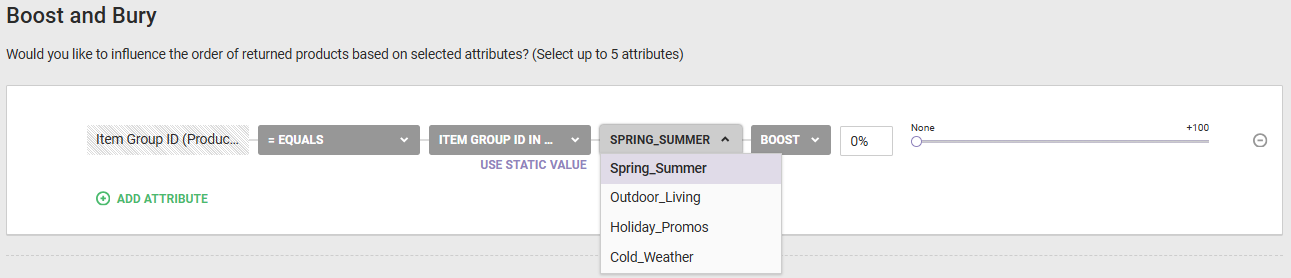 A Boost and Bury filter equation with Item Group ID selected as the attribute, EQUALS as the operator, and ITEM GROUP ID IN CUSTOM LIST selected as the value. To the right of the value is a selector expanded to show four custom list dataset options.