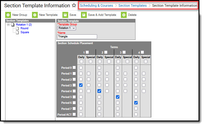 Screenshot of Section Template Information  tool.