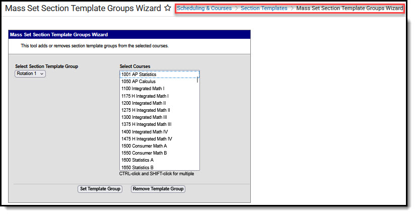 Screenshot of Mass Set Section Template Groups Wizard  tool.