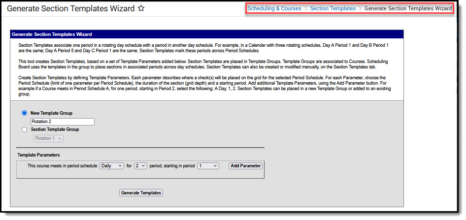 Screenshot of the Generate Section Templates Wizard  tool.