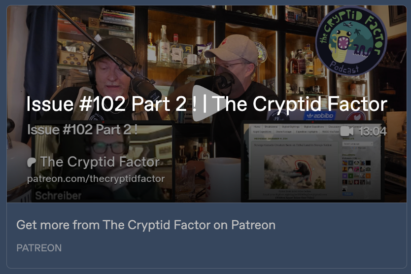 Preview card for the linked Cryptid Factor podcast video. It shows Rhys Darby and his co-host Buttons sitting at their laptops with a microphone in front of them, as well as 2 more laptops facing the camera. One laptop screen shows their other co-host Dan Schreiber, and the other shows an article with a photo of bigfoot. The episode number & title are written across the image, and the Cryptid Factor logo is in the top right corner. Text below the image reads: 'Get more from The Cryptid Factor on Patreon.'