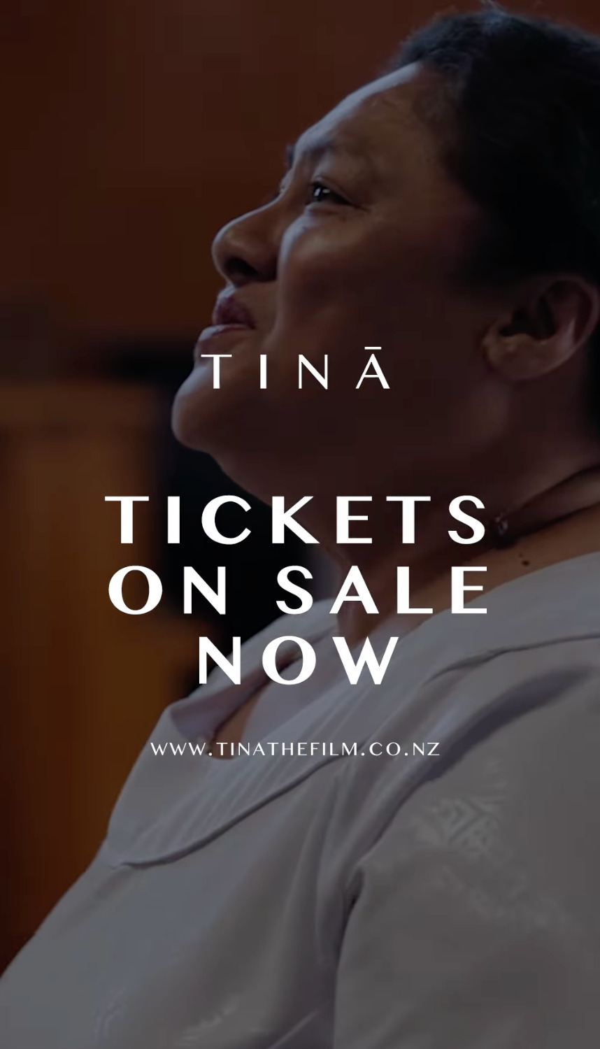 'Tinā - tickets on sale now. www.TinaTheFilm.co.nz' written on an close-up of Anapela as Marete, looking up at something with a smile on her face.