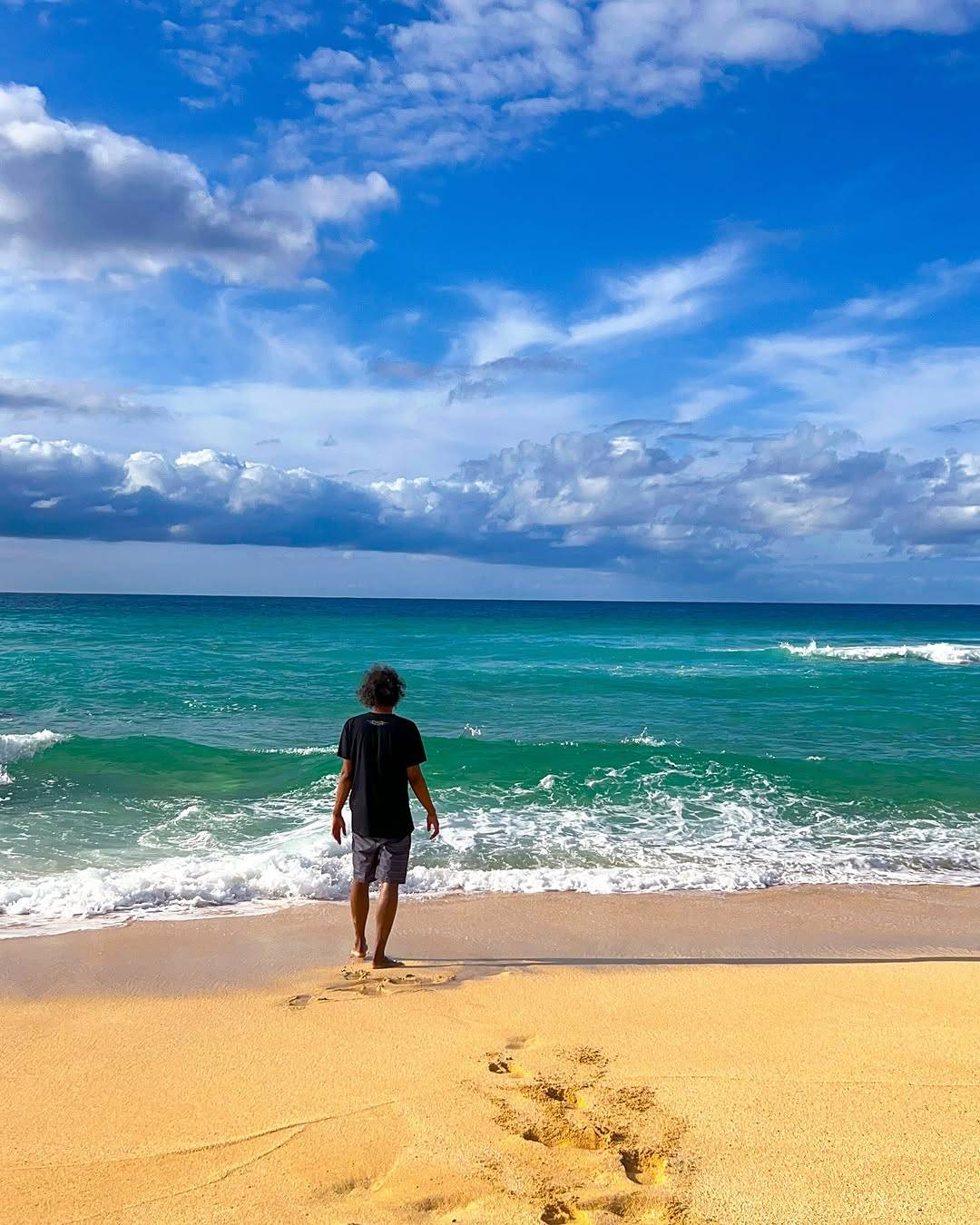 Photo of Samba seen from behind. He is standing at a beach, just at the edge of the water. The sand looks soft, with deep footprints visible in the foreground. The ocean is a bright turquoise colour with foamy waves lapping at the shore, and the sky is cloudy but bright blue.