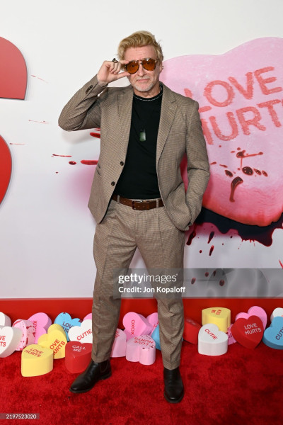 Rhys stands on the red carpet at the Love Hurts premiere, adjusting his sunglasses with one hand while his other hand is tucked into his trouser pocket.