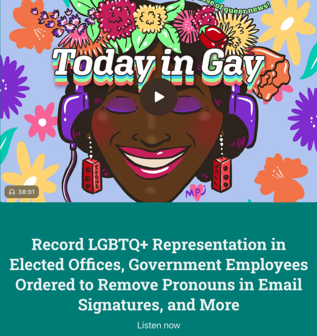 Preview card for an episode of the 'Today In Gay' podcast, titled 'Record LGBTQ+ Representation in Elected Offices, Government Employees Ordered to Remove Pronouns in Email Signatures, and More'. Above the title, a media player displays the episode length, which is 38 minutes, as well as an illustration of a Black person with pink lipstick and purple eyeshadow, wearing a colourful flower crown, purple headphones, and dangly earrings in the shape of bricks, one of which reads 'stone' and the other 'wall'. Their eyes are closed and their lips are parted in a wide smile. The background is light blue with different flowers drawn in bright yellow, pink, orange and purple, and at the bottom, there is a small pink heart with the initials MPJ written on it.