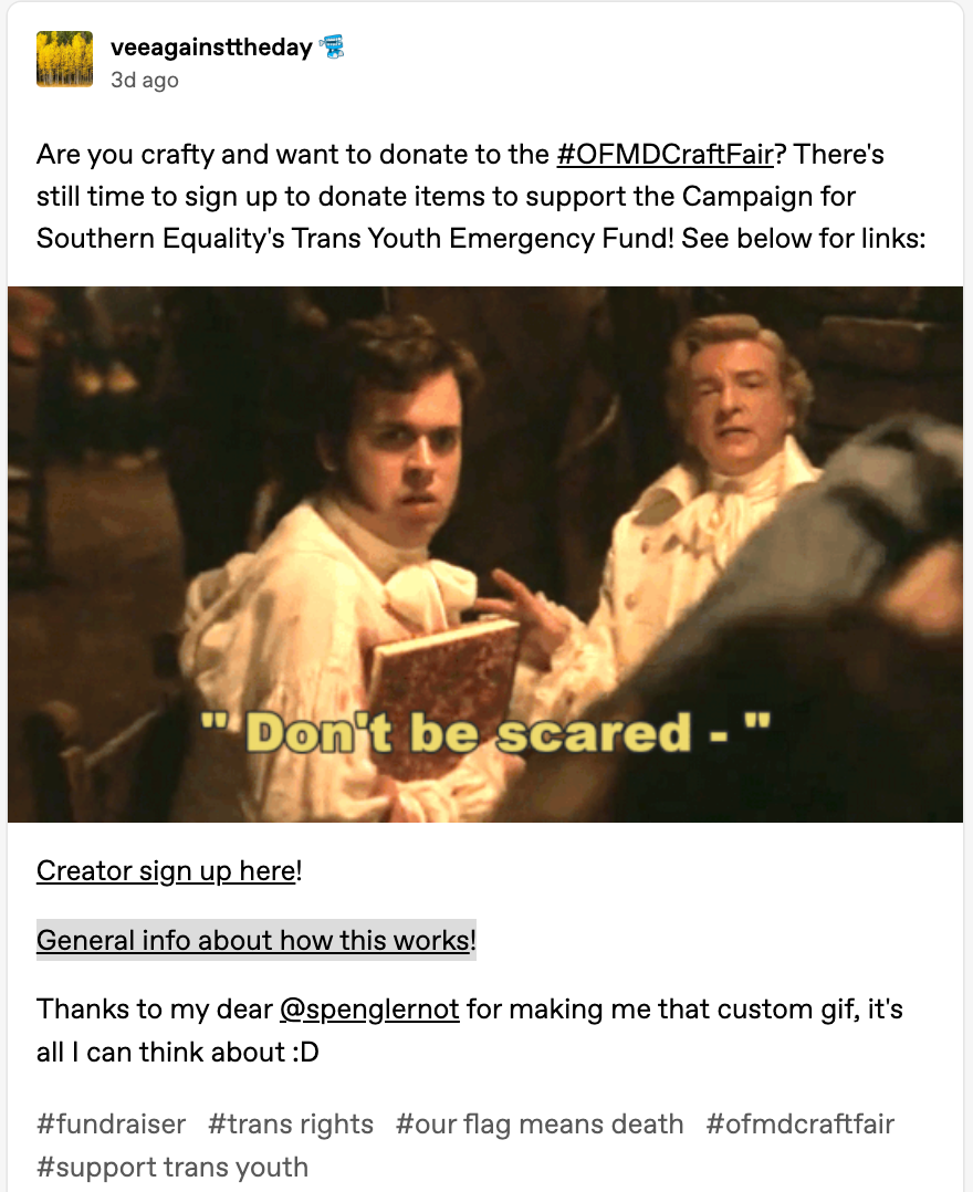 Tumblr post by @ VeeAgainstTheDay: 'Are you crafty and want to donate to the # OFMDCraftFair? There's still time to sign up to donate items to support the Campaign for Southern Equality's Trans Youth Emergency Fund! See below for links (gif of Stede telling Lucius 'Don't be scared'): Creator sign up here (link)! General info about how this works (link)! Thanks to my dear @ Spenglernot for making me that custom gif, it's all I can think about :D .' The post is tagged: fundraiser, trans rights, our flag means death, OFMDCraftFair, support trans youth.