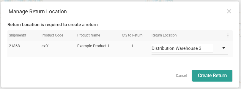 An example return item with a location selected