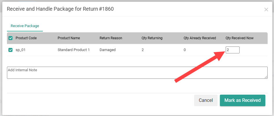 An example return with 2 quantity being received