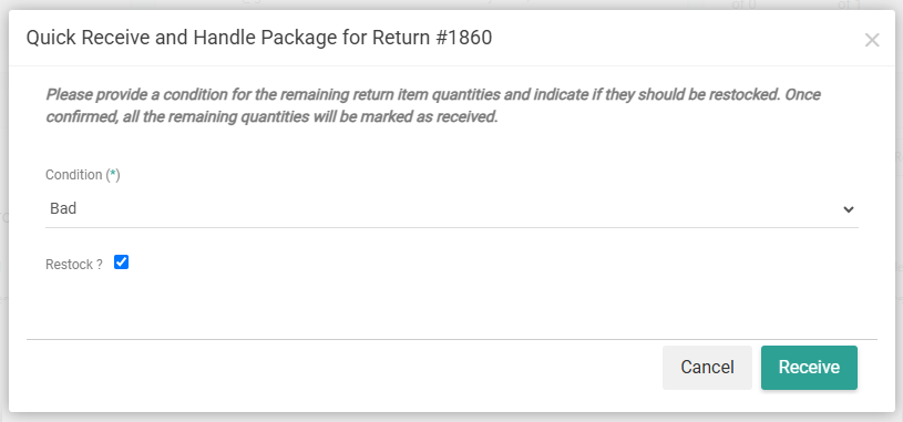 The quick receive modal of an example return