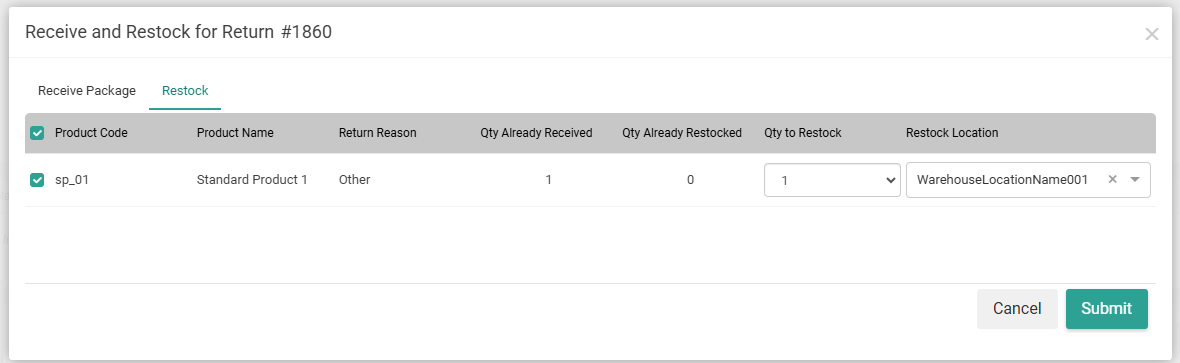 The restock tab with a location selected