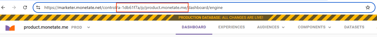 Callout of the account, instance, and domain of a Monetate client as it appears in the URL of the Monetate platform