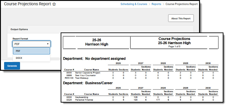 Screenshot of Course Projections tool and report.