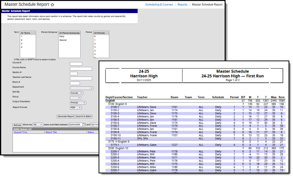 Screenshot of Master Schedule tool and report.