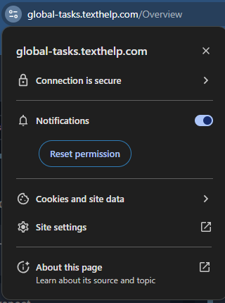 Global Tasks website settings in Google Chrome browser