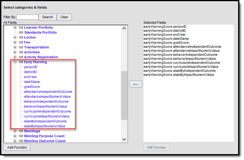 Screenshot of the Early Warning Ad Hoc Reporting Fields