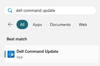 a screenshot of the windows search bar with a result for dell command update