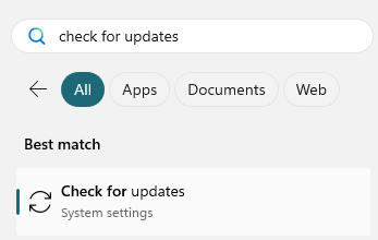 screenshot of the windows search bar with a result for updates