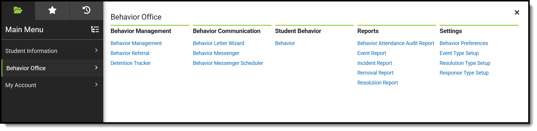 Screenshot of suggested Behavior Office tools for Behavior Administrators