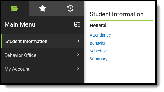 Screenshot of suggested Student Information tools for Behavior Administrator users. 