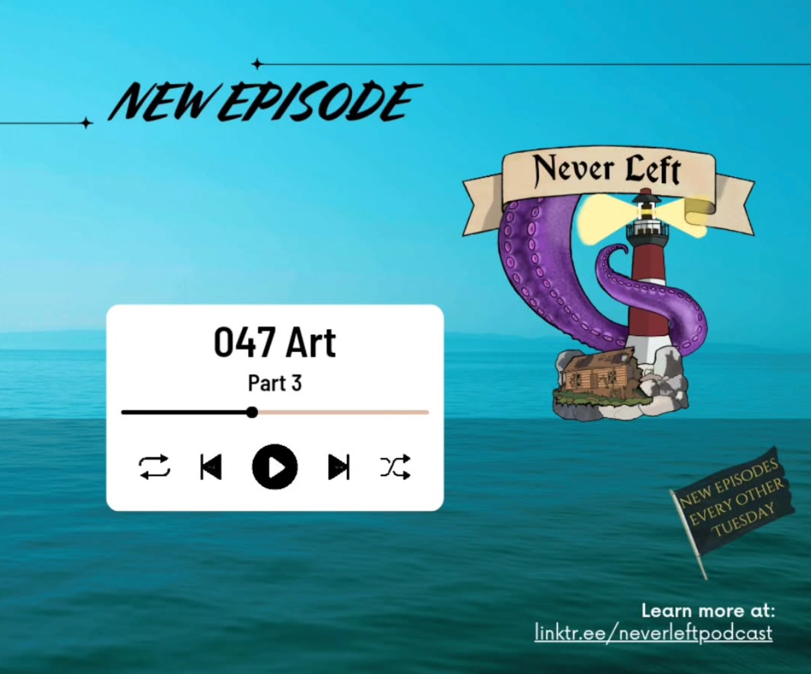 Title card for Never Left Podcast episode 47: 'Art: Part 3'. The background is a picture of the ocean. Text at the top reads: 'New Episode.' Below is the podcast's logo: 'Never Left' written on a ribbon banner above a drawing of a purple tentacle gripping a red & white lighthouse next to a dilapidated shack on a tiny island. To the left of the logo, a small audio player widget displays the episode number & title. Text at the bottom reads 'Learn more at linktr.ee/NeverLeftPodcast' below a black flag that reads 'New episodes every other Tuesday'.