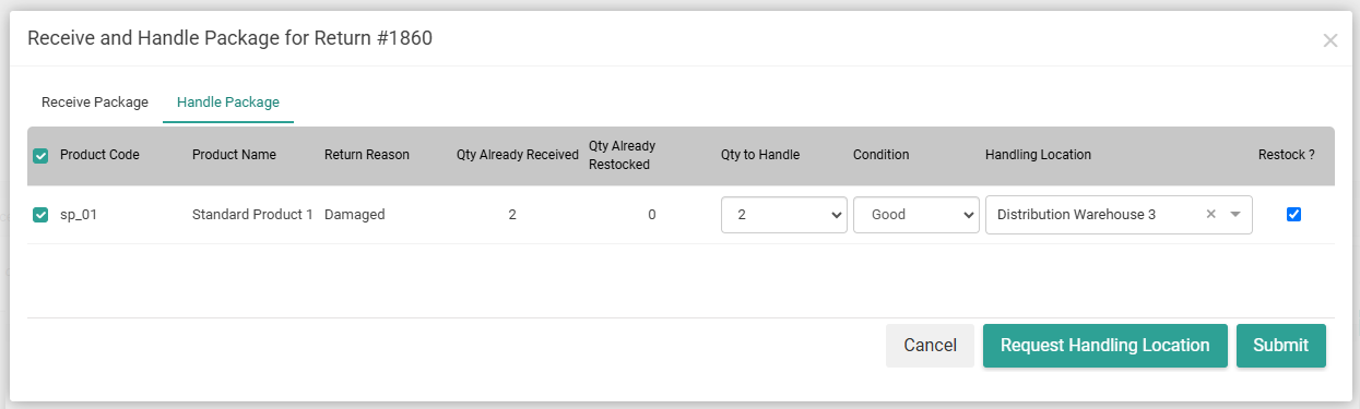 The Handle Package tab with a location selected