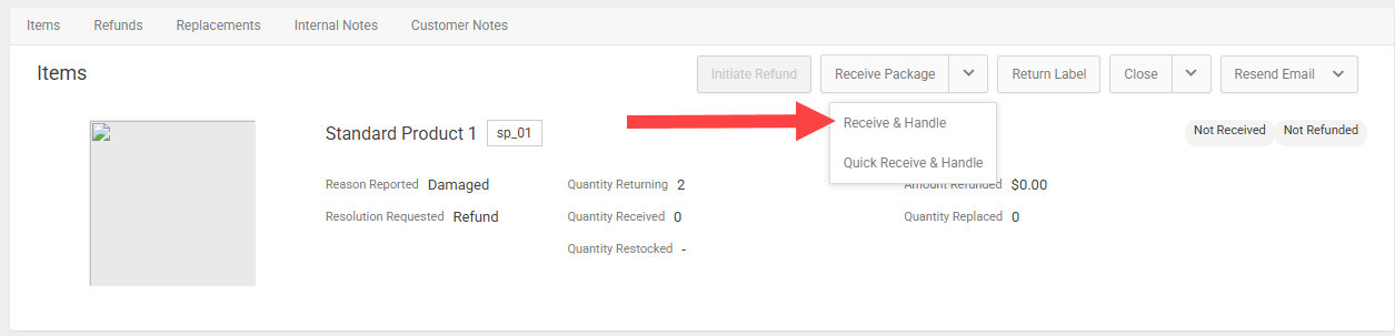 Return details with a callout for the Receive Package button