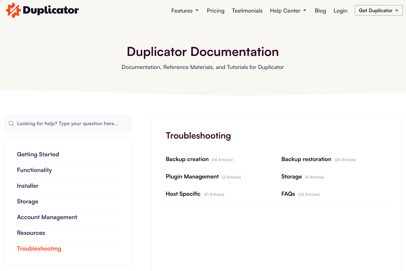 A screenshot of Duplicator's documentation page