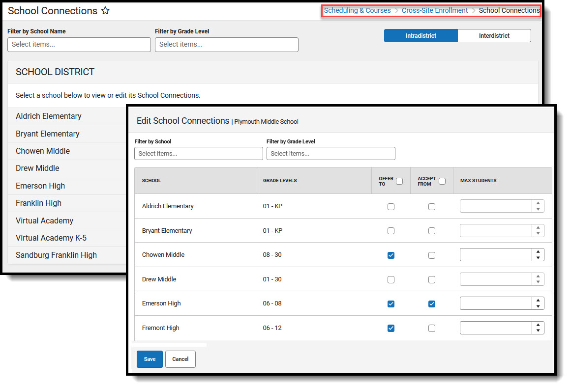 Screenshot of School Connections tool.