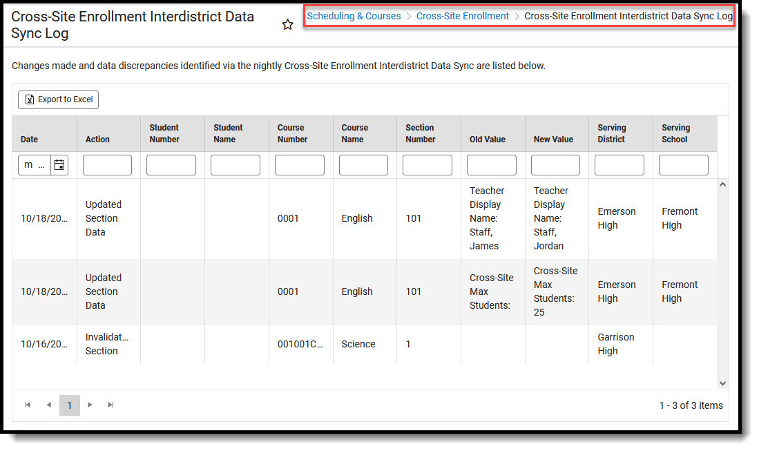 Screenshot of the Cross-Site Enrollment Interdistrict Data Sync Log tool.