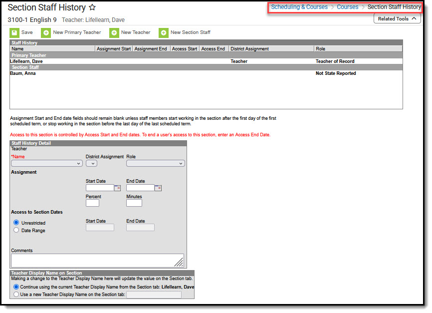 Screenshot of Section Staff History tool.