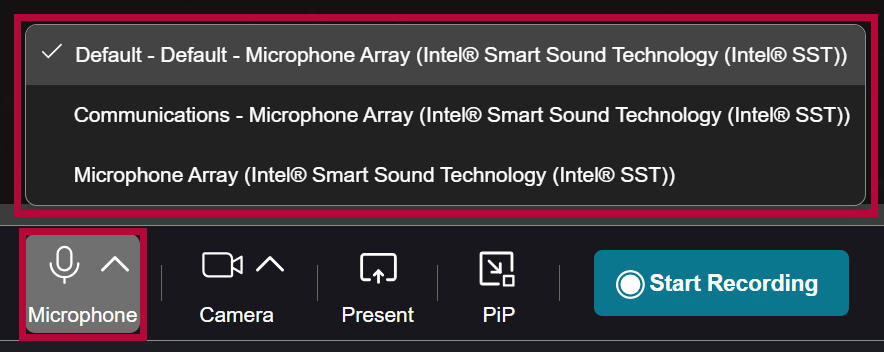 Identifies the arrow at the bottom right of Default Audio box.