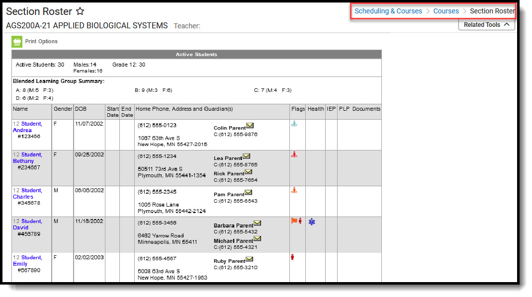 Screenshot of Section Roster tool.