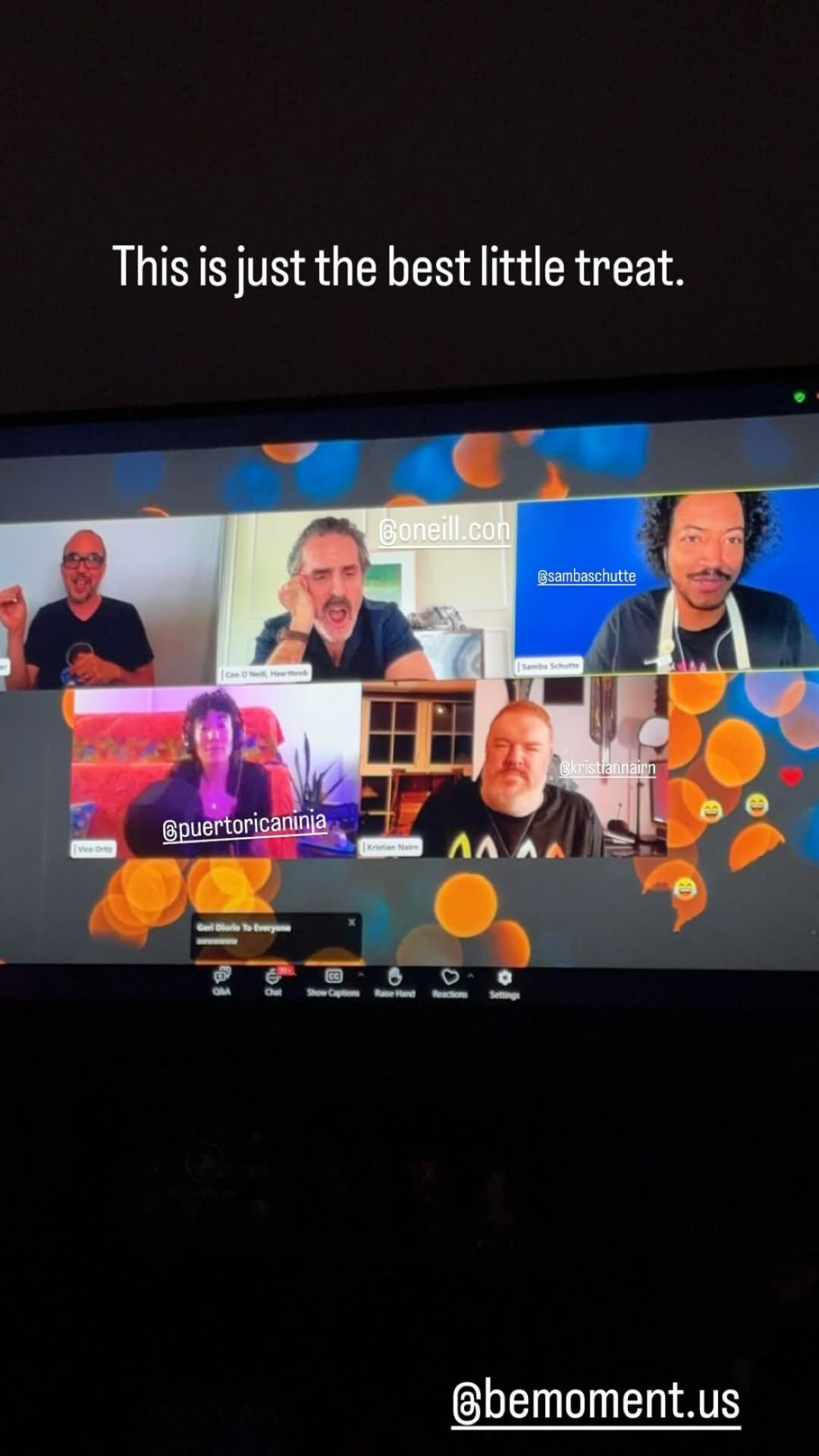 Instagram Story with a photo of a screen showing Con, Samba, Vico, Kristian and a sign language interpreter on a video call. Text above the photo reads: ‘This is just the best little treat.’ Tagged accounts: ONeill.Con, SambaSchutte, PuertoRicaNinja (Vico), KristianNairn, BeMoment.us.