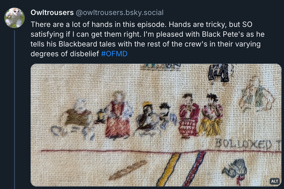 Bluesky post by @ OwlTrousers.bsky.social with a close up photo of the crew listening to Black Pete. The post reads: 'There are a lot of hands in this episode. Hands are tricky, but so satisfying if I can get them right. I'm pleased with Black Pete's as he tells his Blackbeard tales with the rest of the crew's in their varying degrees of disbelief.'