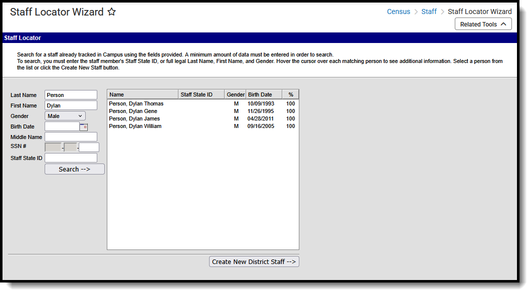 Screenshot of the Staff Locator tool, located at Census, Staff.