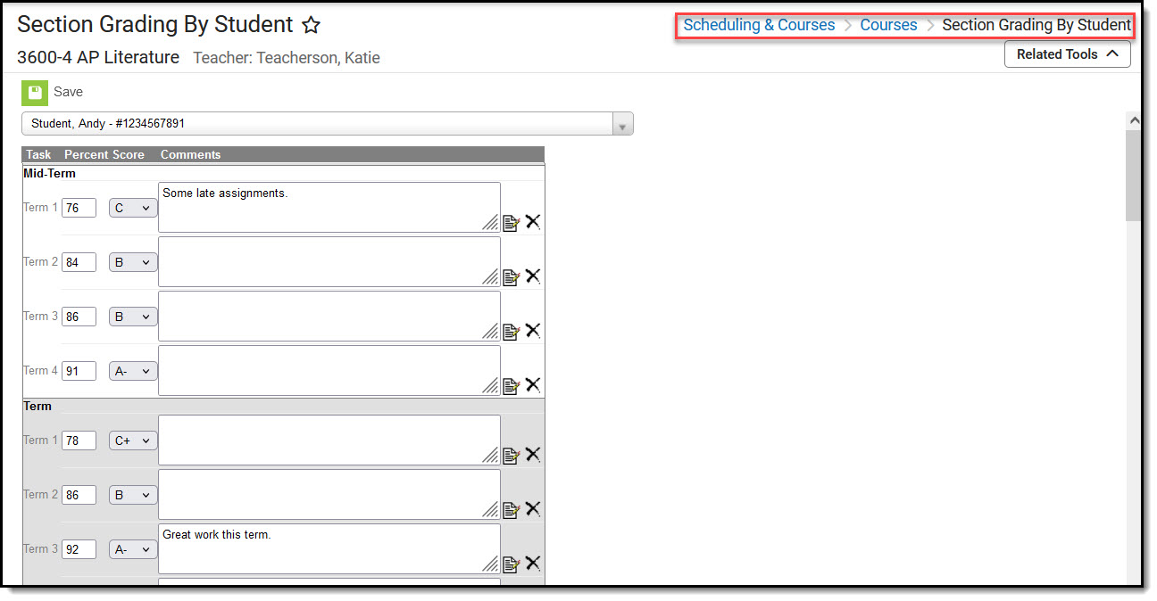 Screenshot of Section Grading By Studenttool.