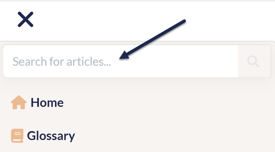 The table of contents in a knowledge base. A search bar displays above the Home link. An arrow points to this search bar.