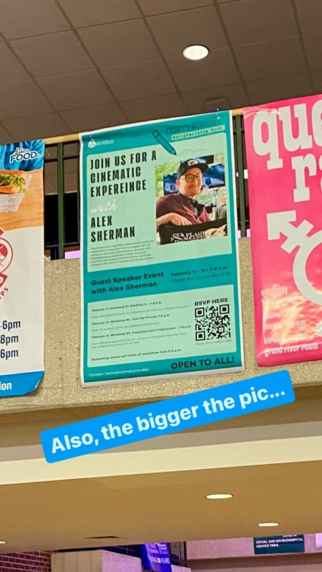 A close-up of the poster advertising Alex’s guest speaker event. Below the poster, Alex has added: ‘Also, the bigger the pic …’