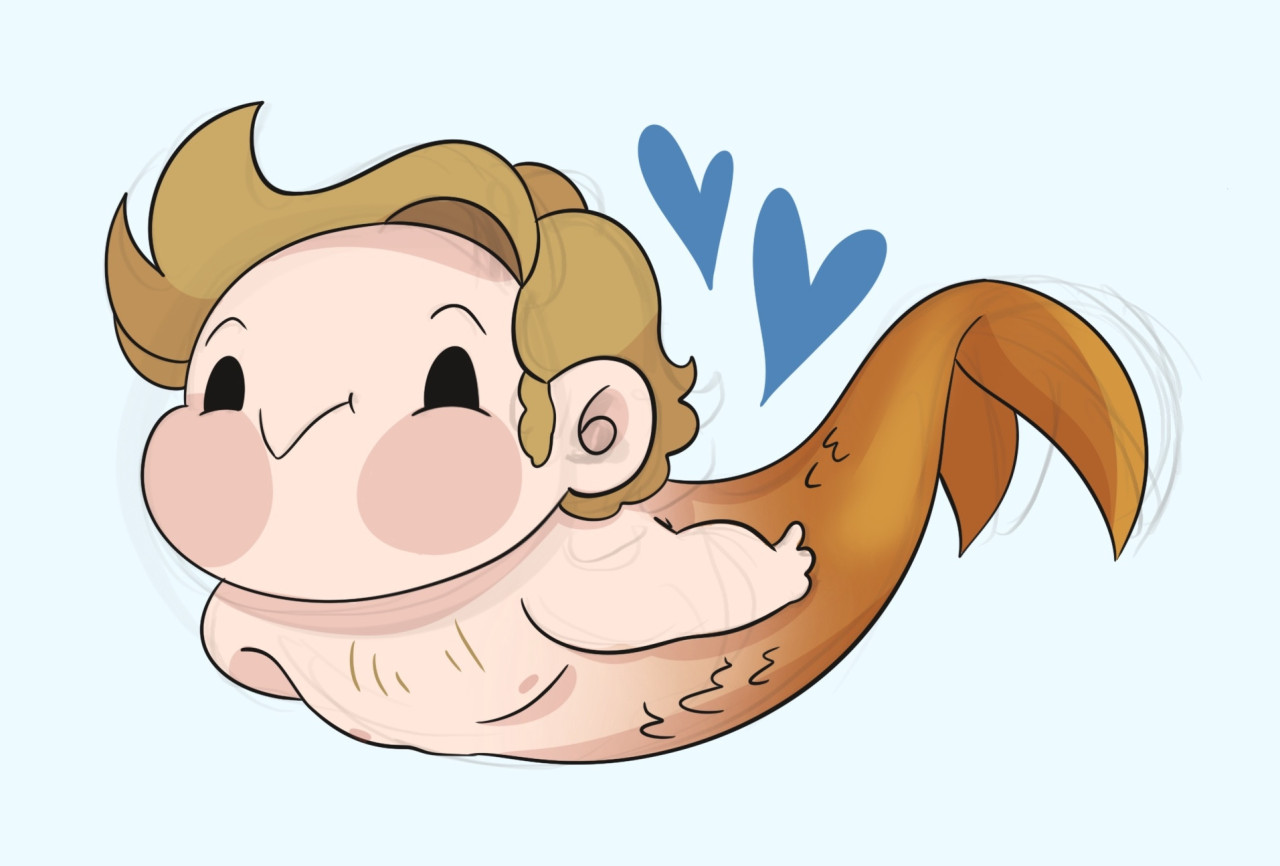 A chibi-style digital drawing of Stede with an orange mermaid tail. He is swimming along with an adorable, v-shaped smile and flushed cheeks. Next to him, there are 2 blue hearts. The background is a very light blue.