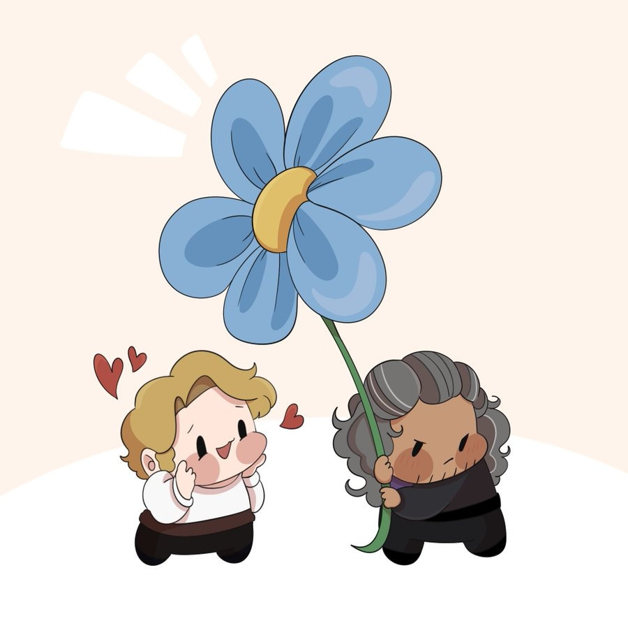 A chibi-style drawing of Stede and Edward. Tiny Ed is holding out a blue flower more than twice his size. He is blushing but trying to act tough by making a grumpy face and looking away. Tiny Stede seems delighted, looking at Ed with a big smile, his hands on his cheeks and little red hearts surrounding his head.