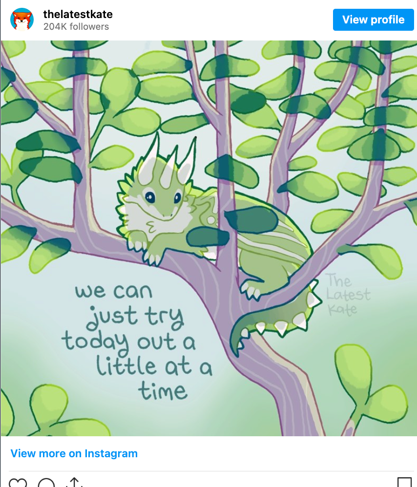 Image description by the artist: A drawing of a small green dragon sitting in a jade plant. The caption reads, 'We can just try today out a little at a time'.