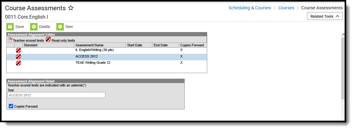 Screenshot of the Course Assessements tool, located at Scheduling & Courses, Courses.