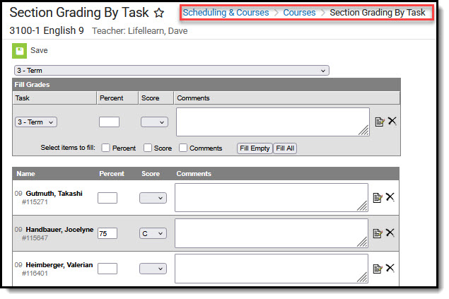 Screenshot of Section Grading By Task tool.