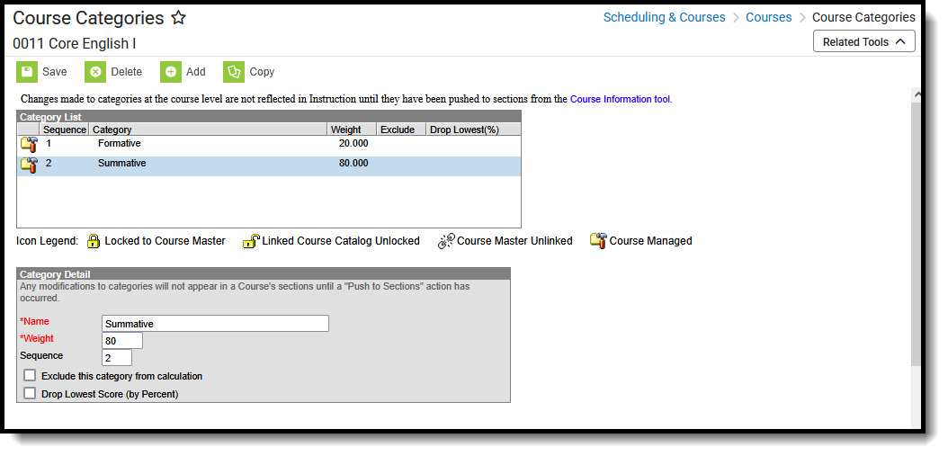 Screenshot of Course Categories, located at Scheduling & Courses, Courses.