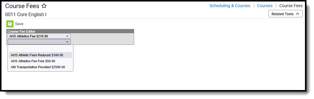 Screenshot of the Course Fees tool, located at Scheduling & Courses, Courses.