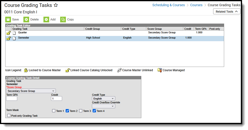 Screenshot of the Course Grading Tasks, located at the Scheduling & Courses, Courses.