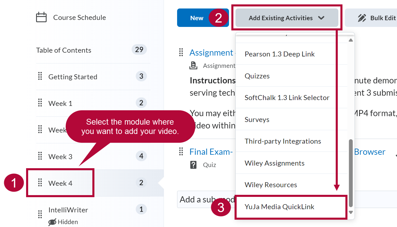 Identifies Add Existing Activities and YuJa Media Quicklink