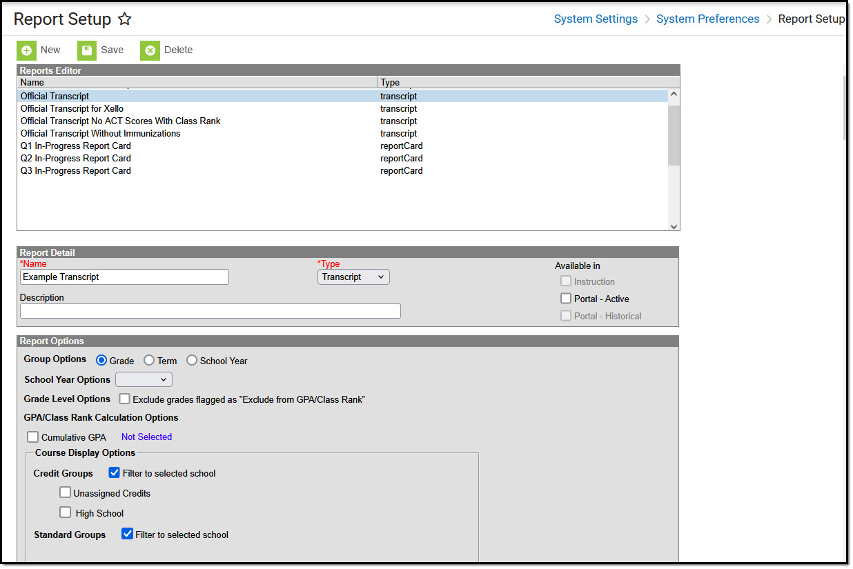 Screenshot of the Report Setup Editor with Transcript selected as the type.